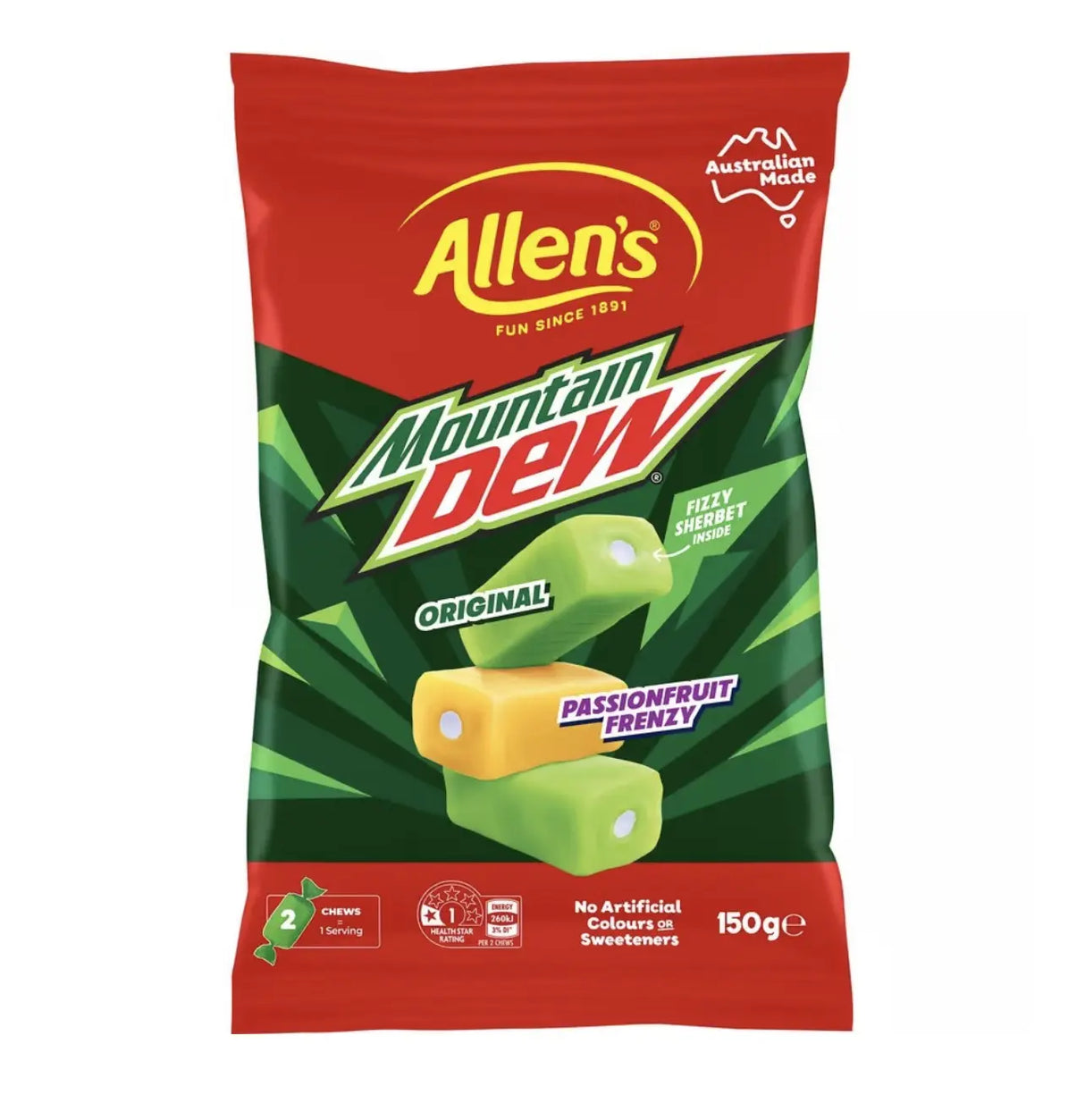 Allen’s Mountain Dew Original and Passionfruit Frenzy Chews – Fizzy Filled Candy (Australia) Yum At Hart