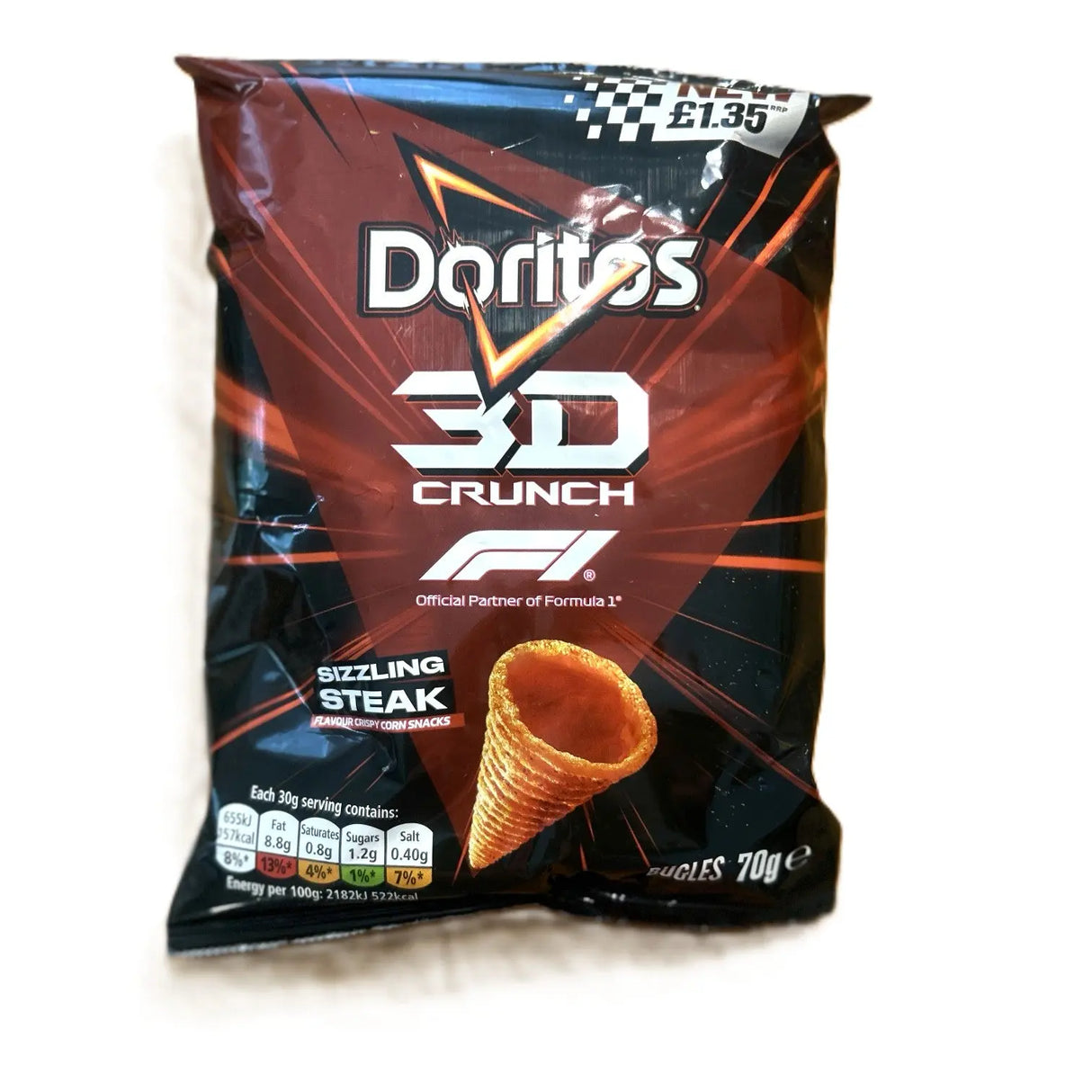 Doritos 3D Crunch Sizzling Steak Corn Snacks – Formula 1 Limited Edition Chips (United Kingdom) Best By 27-June-2026 Yum At Hart