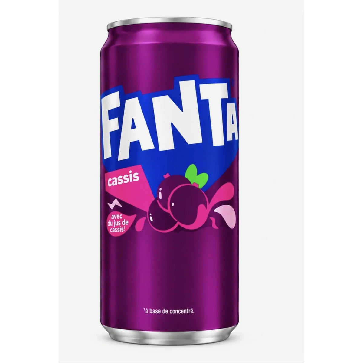 Fanta Cassis blackcurrant soda 330mL sleek can from France - front - Yum At Hart