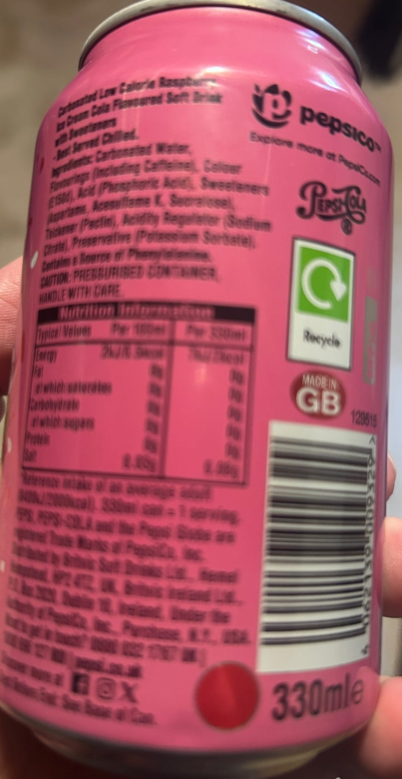 Back label - Pepsi Raspberry Ripple Zero Sugar (UK)