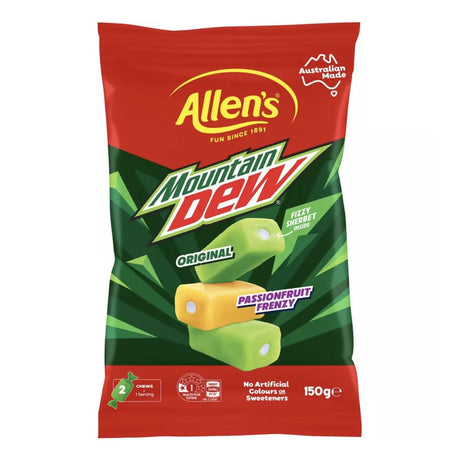 Allen’s Mountain Dew Original and Passionfruit Frenzy Chews – Fizzy Filled Candy (Australia) Yum At Hart