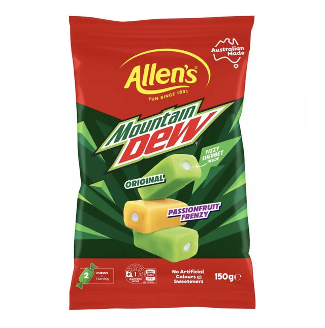 Allen’s Mountain Dew Original and Passionfruit Frenzy Chews – Fizzy Filled Candy (Australia) Yum At Hart