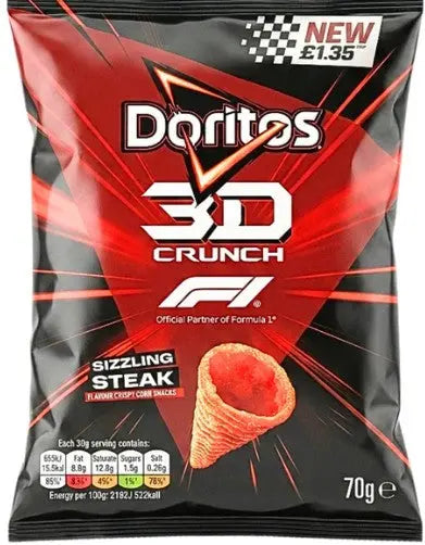 Doritos 3D Crunch Sizzling Steak Corn Snacks – Formula 1 Limited Edition Chips (United Kingdom) Best By 27-June-2026 Yum At Hart