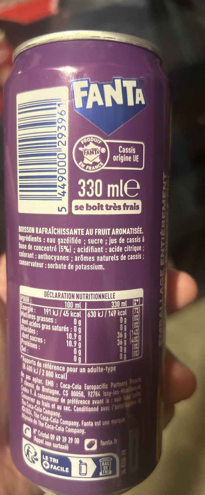 Fanta Cassis (France) - back label with ingredients, nutrition and barcode