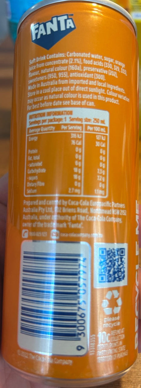 Back label - Fanta Orange (Australia), 250mL can