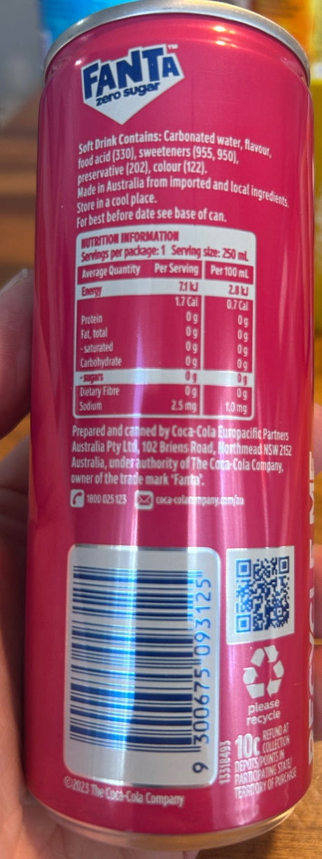 Back label - Fanta Zero Sugar Raspberry (Australia), 250mL can