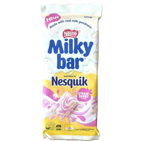 Milkybar Strawberry Nesquik 170g –  Extra Large White Chocolate and Strawberry Bar (Australia) Yum At Hart