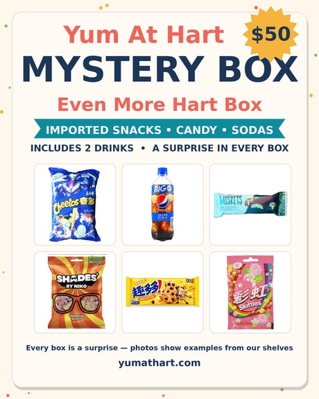 Yum At Hart Mystery Box – Even More Hart Box – surprise mix of imported snacks, candy and sodas, includes 2 drinks