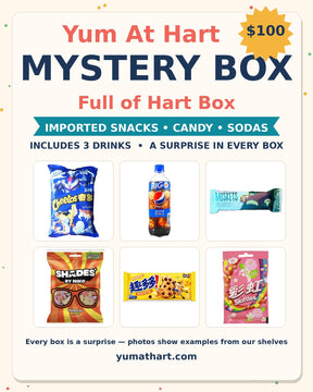 Yum At Hart Mystery Box – Full of Hart Box – surprise mix of imported snacks, candy and sodas, includes 3 drinks