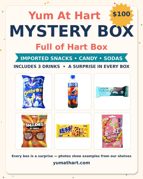 Yum At Hart Mystery Box – Full of Hart Box – surprise mix of imported snacks, candy and sodas, includes 3 drinks