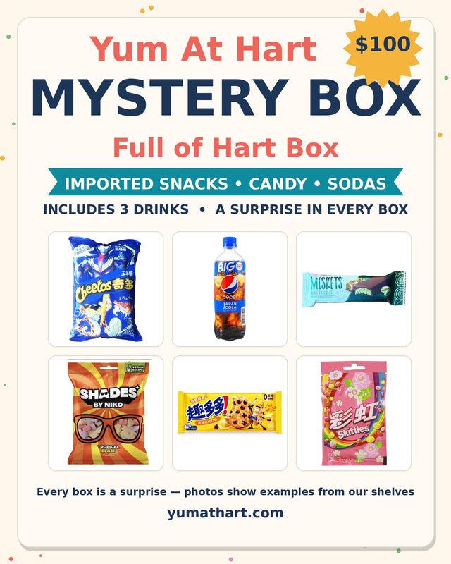 Yum At Hart Mystery Box – Full of Hart Box – surprise mix of imported snacks, candy and sodas, includes 3 drinks
