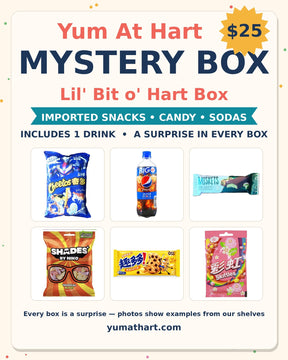 Yum At Hart Mystery Box – Lil' Bit o' Hart Box – surprise mix of imported snacks, candy and sodas, includes 1 drink