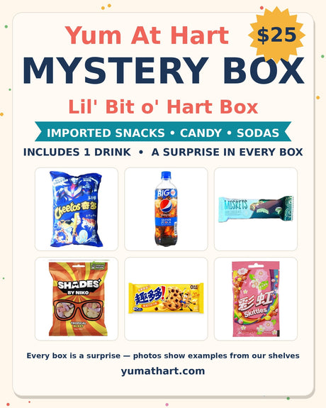 Yum At Hart Mystery Box – Lil' Bit o' Hart Box – surprise mix of imported snacks, candy and sodas, includes 1 drink