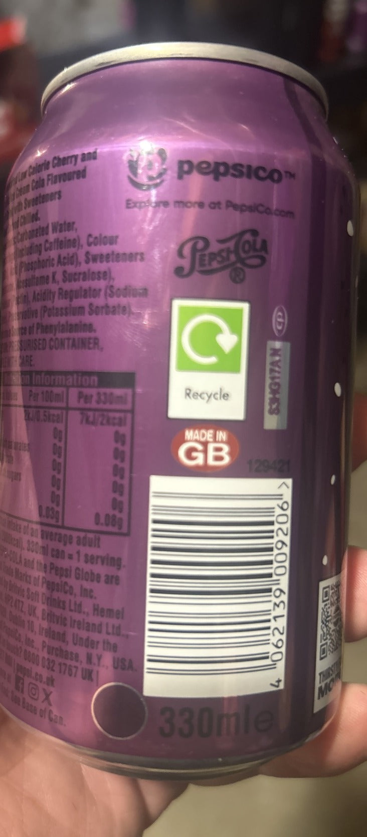 Pepsi Zero Sugar Cherry & Vanilla (UK) - back label with ingredients, nutrition and barcode