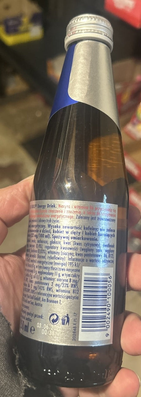 Red Bull glass bottle back label