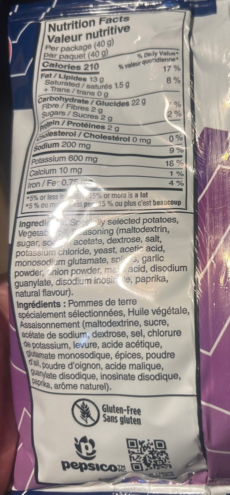 Ruffles All Dressed Potato Chips 40g bag (Canada) - back label, nutrition and ingredients