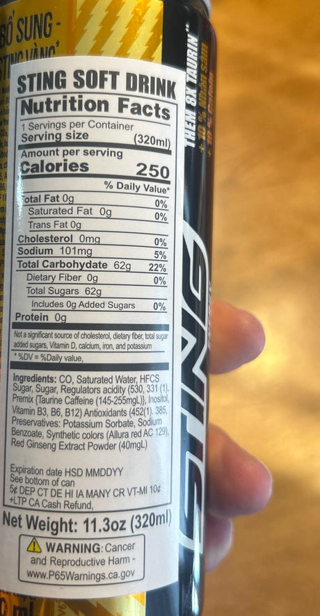Sting Gold Energy Drink nutrition facts and ingredients label