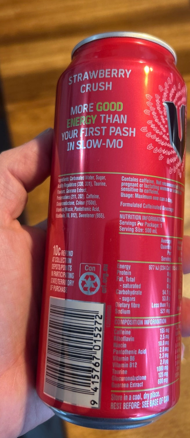 V Energy Drink Strawberry Crush nutrition and ingredients label