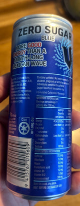 V Energy Drink Zero Sugar Blue nutrition and ingredients label